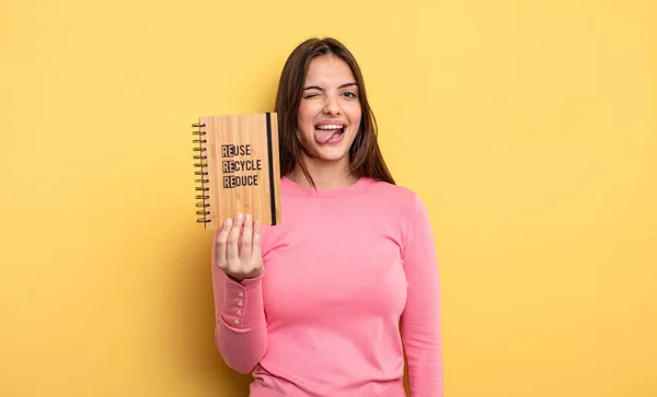 Pretty Woman Cheerful Rebellious Attitude Joking Sticking Tongue Out Recycle — Stockfoto