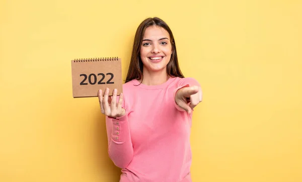 Pretty Woman Pointing Camera Choosing You 2022 Calendar Concept — Stockfoto