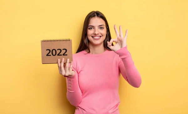 Pretty Woman Feeling Happy Showing Approval Okay Gesture 2022 Calendar — Foto Stock