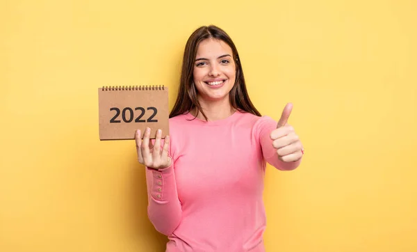 Pretty Woman Feeling Proud Smiling Positively Thumbs 2022 Calendar Concept — Stockfoto