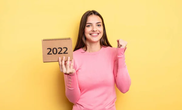Pretty Woman Feeling Shocked Laughing Celebrating Success 2022 Calendar Concept — Zdjęcie stockowe