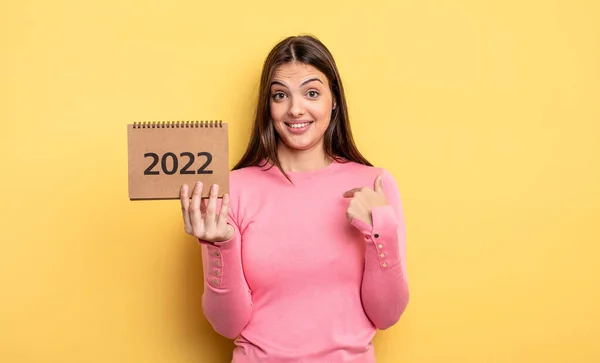 Pretty Woman Feeling Happy Pointing Self Excited 2022 Calendar Concept — Stockfoto