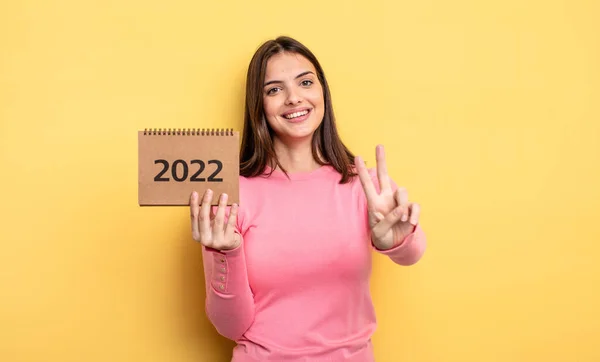 Pretty Woman Smiling Looking Friendly Showing Number Two 2022 Calendar — Foto Stock