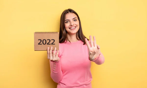 Pretty Woman Smiling Looking Friendly Showing Number Three 2022 Calendar — Stock Photo, Image