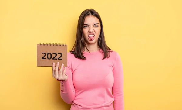 Pretty Woman Feeling Disgusted Irritated Tongue Out 2022 Calendar Concept — Foto de Stock