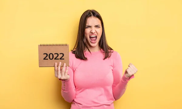 Pretty Woman Shouting Aggressively Angry Expression 2022 Calendar Concept — Foto de Stock