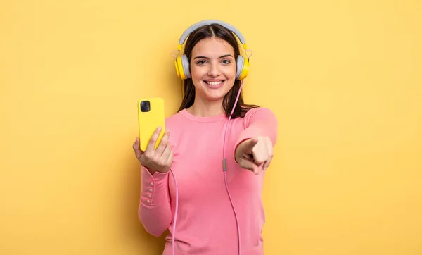 Pretty Woman Pointing Camera Choosing You Listening Music Concept — Stockfoto