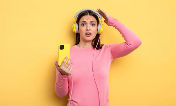 Pretty Woman Feeling Stressed Anxious Scared Hands Head Listening Music —  Fotos de Stock