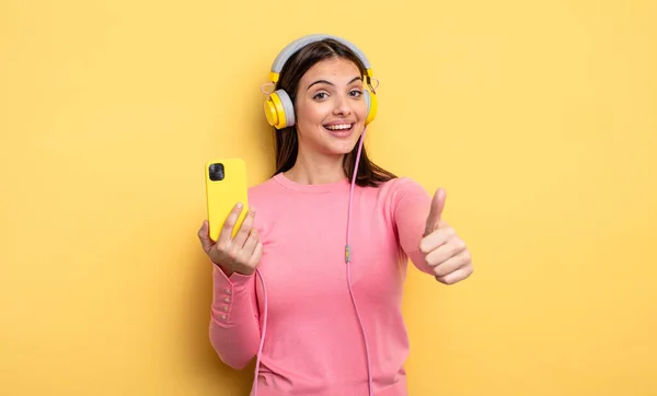 Pretty Woman Feeling Proud Smiling Positively Thumbs Listening Music Concept — Stock Photo, Image