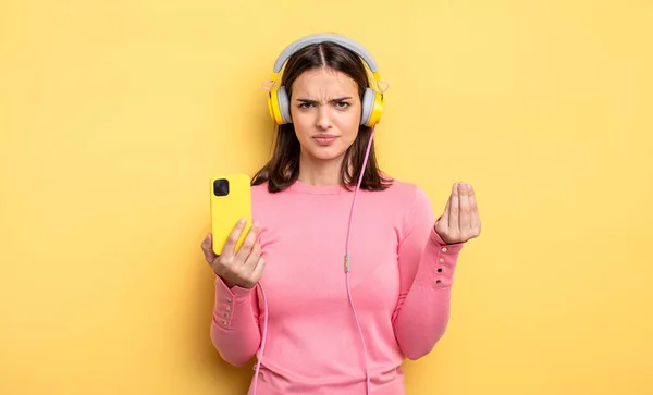 Pretty Woman Making Capice Money Gesture Telling You Pay Listening — Φωτογραφία Αρχείου