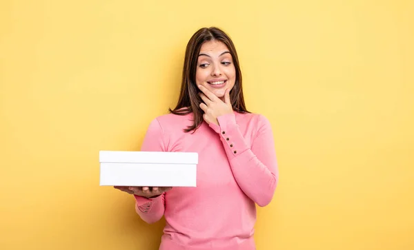 Pretty Woman Smiling Happy Confident Expression Hand Chin White Box — Stock Photo, Image