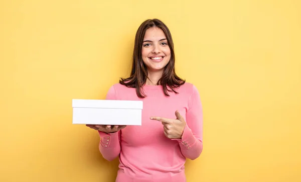 Pretty Woman Smiling Cheerfully Feeling Happy Pointing Side White Box — Stockfoto