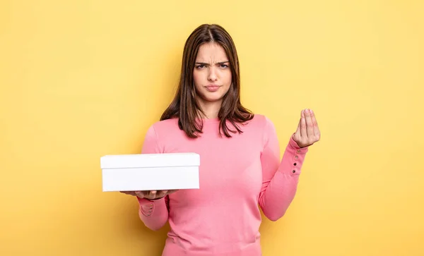 Pretty Woman Making Capice Money Gesture Telling You Pay White — Stockfoto