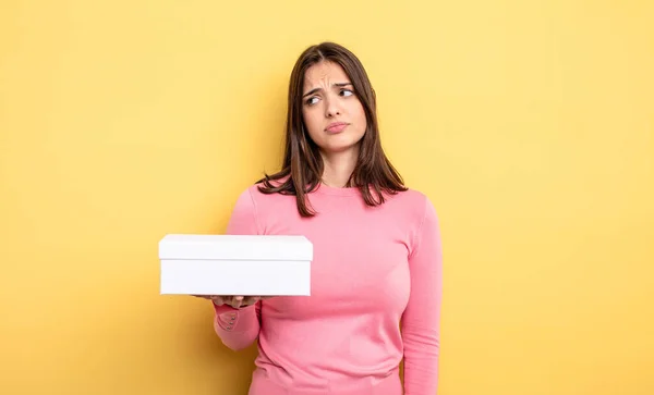 Pretty Woman Feeling Sad Upset Angry Looking Side White Box — Foto Stock