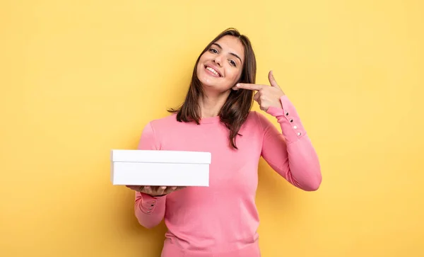 Pretty Woman Smiling Confidently Pointing Own Broad Smile White Box — Foto de Stock
