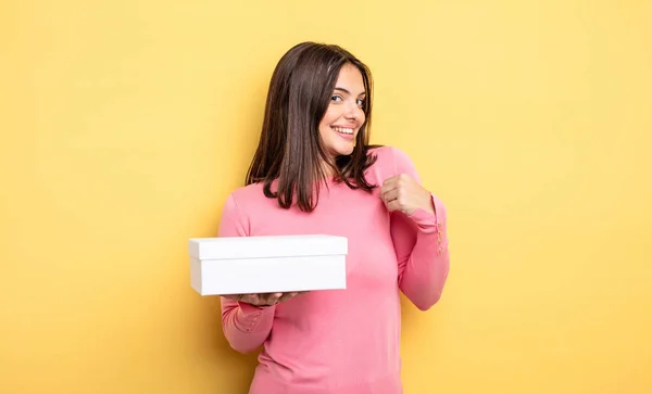 Pretty Woman Looking Arrogant Successful Positive Proud White Box Packaging — Stock Fotó