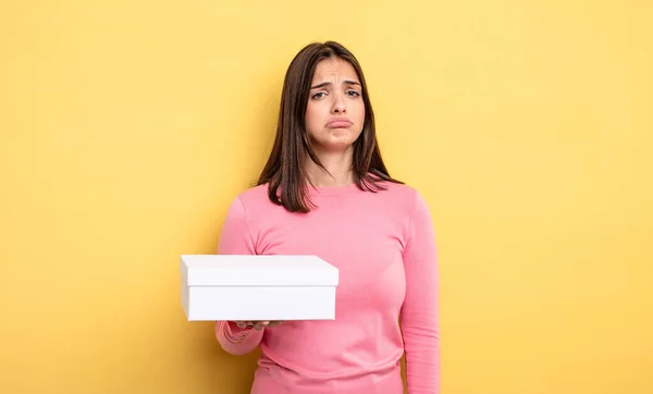 Pretty Woman Feeling Sad Whiney Unhappy Look Crying White Box — Stockfoto