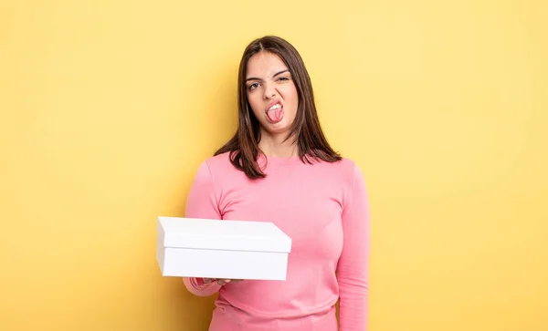 Pretty Woman Feeling Disgusted Irritated Tongue Out White Box Packaging — Stock Photo, Image