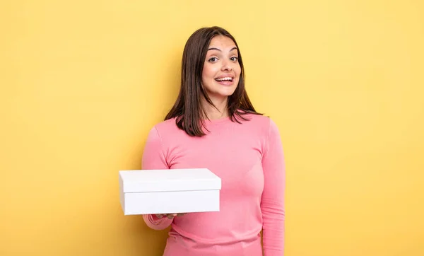 Pretty Woman Looking Happy Pleasantly Surprised White Box Packaging Concept — Stock Fotó