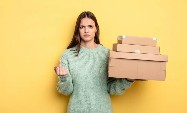 Pretty Woman Feeling Angry Annoyed Rebellious Aggressive Packages Boxes Concept — Fotografia de Stock