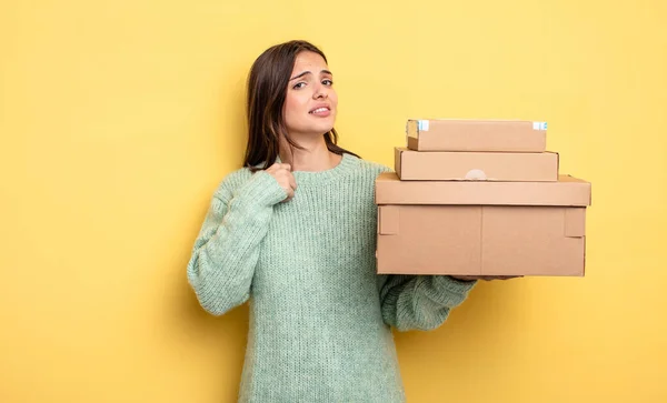 Pretty Woman Feeling Stressed Anxious Tired Frustrated Packages Boxes Concept — Fotografia de Stock