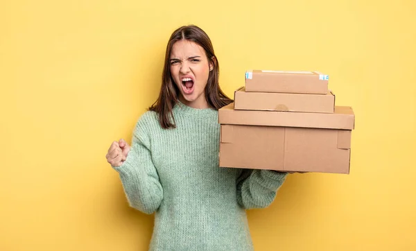 Pretty Woman Shouting Aggressively Angry Expression Packages Boxes Concept — Stock Photo, Image