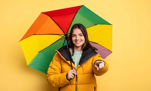 Pretty Woman Pointing Camera Choosing You Winter Umbrella Concept — Stock Photo, Image
