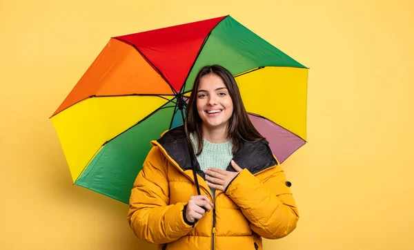 Pretty Woman Laughing Out Loud Some Hilarious Joke Winter Umbrella — Stock Photo, Image