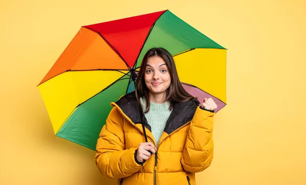 Pretty Woman Feeling Shocked Laughing Celebrating Success Winter Umbrella Concept — стоковое фото