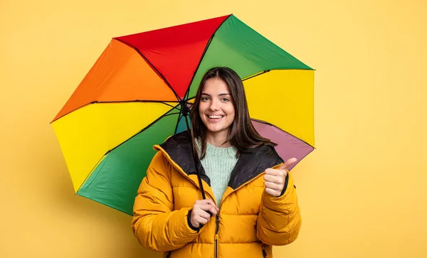 Pretty Woman Feeling Proud Smiling Positively Thumbs Winter Umbrella Concept — Stock Photo, Image