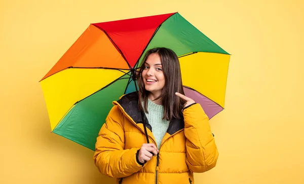 Pretty Woman Smiling Confidently Pointing Own Broad Smile Winter Umbrella — стоковое фото