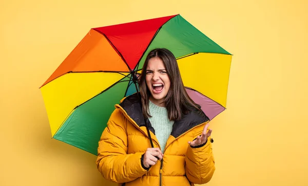 Pretty Woman Looking Angry Annoyed Frustrated Winter Umbrella Concept — стоковое фото