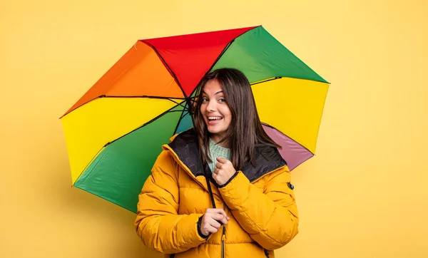 Pretty Woman Feeling Happy Facing Challenge Celebrating Winter Umbrella Concept — стоковое фото