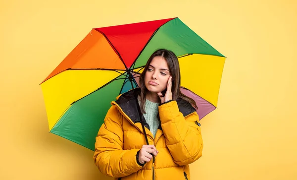 Pretty Woman Feeling Bored Frustrated Sleepy Tiresome Winter Umbrella Concept — Foto Stock