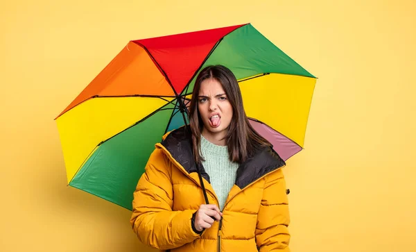 Pretty Woman Feeling Disgusted Irritated Tongue Out Winter Umbrella Concept — Foto Stock