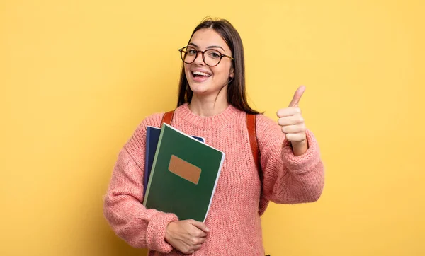 Pretty Student Woman Feeling Proud Smiling Positively Thumbs — Zdjęcie stockowe