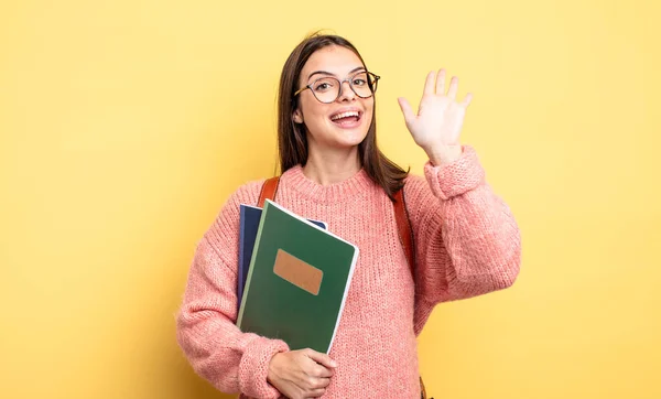 Pretty Student Woman Smiling Happily Waving Hand Welcoming Greeting You — Foto Stock