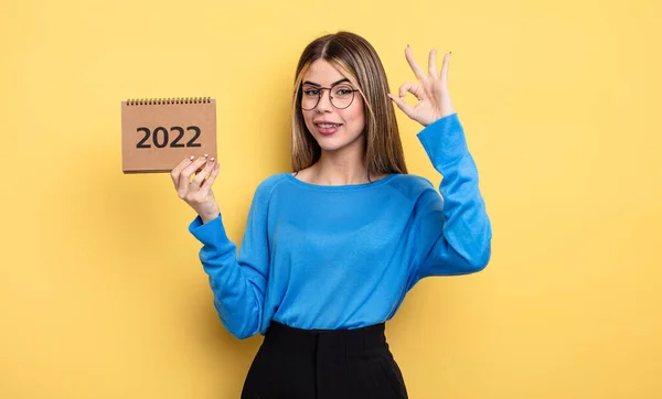 Pretty Woman Feeling Happy Showing Approval Okay Gesture 2022 Calendar — 스톡 사진