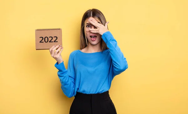 Pretty Woman Looking Shocked Scared Terrified Covering Face Hand 2022 — Foto Stock