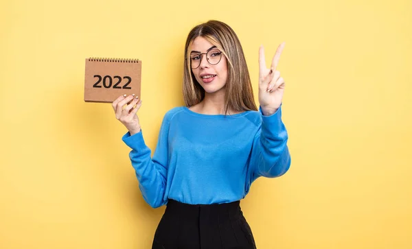 Pretty Woman Smiling Looking Friendly Showing Number Two 2022 Calendar — Foto Stock