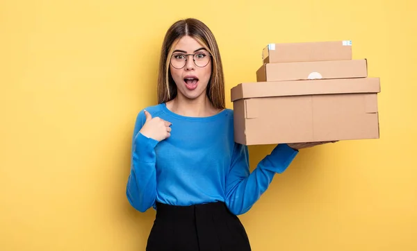 Pretty Woman Feeling Happy Pointing Self Excited Packages Boxes Concept — Stock Photo, Image