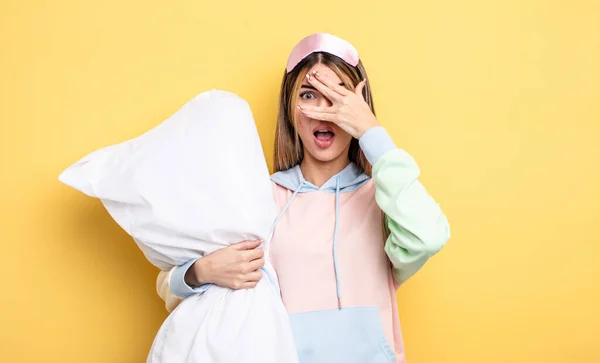 Pretty Woman Looking Shocked Scared Terrified Covering Face Hand Pajamas — Stok fotoğraf