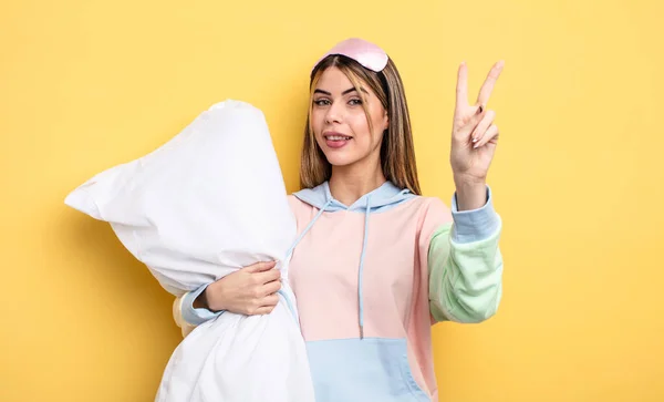 Pretty Woman Smiling Looking Friendly Showing Number Two Pajamas Concept — Stok fotoğraf