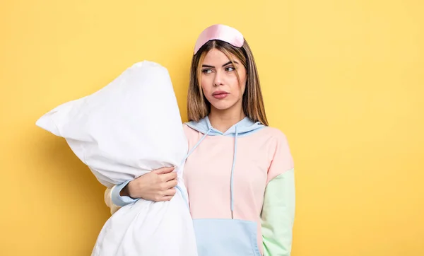 Pretty Woman Feeling Sad Upset Angry Looking Side Pajamas Concept — Stockfoto