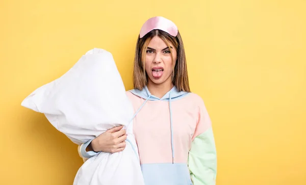 Pretty Woman Feeling Disgusted Irritated Tongue Out Pajamas Concept — Stok fotoğraf