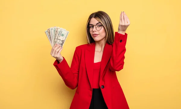 Businesswoman Making Capice Money Gesture Telling You Pay Dollar Banknotes — Stock Photo, Image