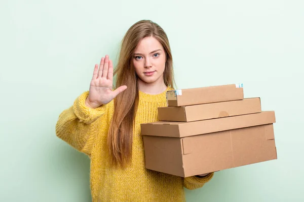 Red Hair Woman Looking Serious Showing Open Palm Making Stop — Stock Photo, Image