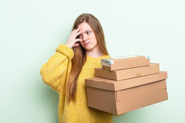 Red Hair Woman Feeling Bored Frustrated Sleepy Tiresome Packages Boxes — Stock Photo, Image