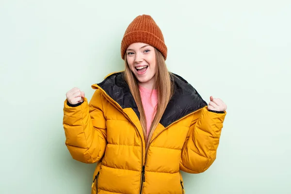 Redhair Woman Feeling Shocked Laughing Celebrating Success Winter Concept — Stock Photo, Image