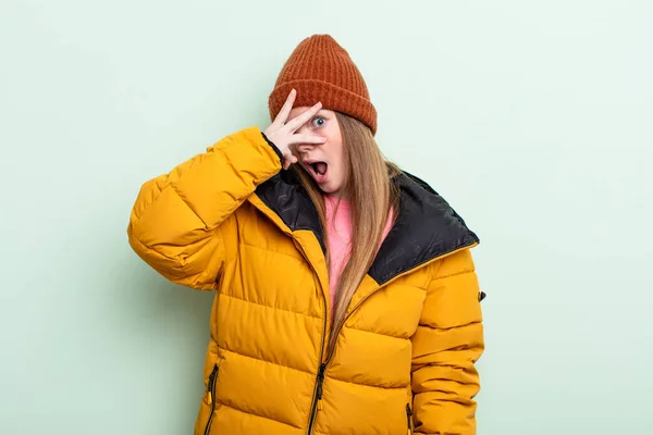Redhair Woman Looking Shocked Scared Terrified Covering Face Hand Winter — Stock Photo, Image